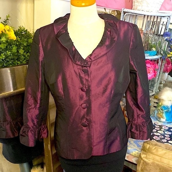 🌷 Michel Desjardins 🌷 2 Pc Set Sateen Ruffle Flare Jacket & Matching Skirt - Picture 2 of 13